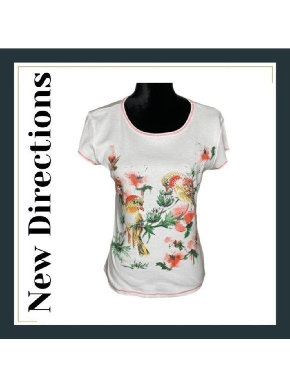 New Directions PM Bird Floral Graphic T Shirt White 100% Cotton Made USA